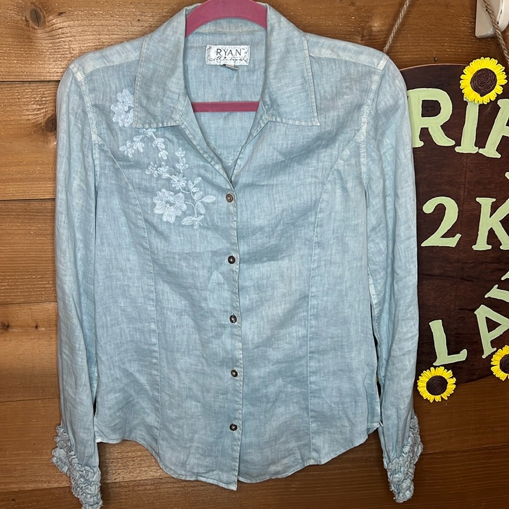 Ryan Michael Linen Button Pointed Collar Embroidered Ruffle Western Shirt Blue